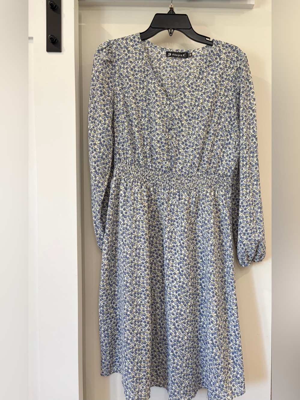 Allegra K Blue and Cream Floral Smocked-Waist Long Sleeve Dress